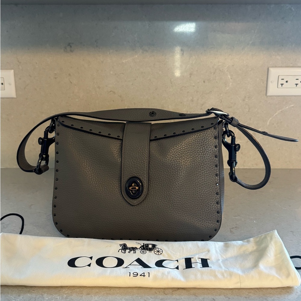 Coach Pebbled Leather Shoulder Bag in Charcoal Gray with Stud Trim